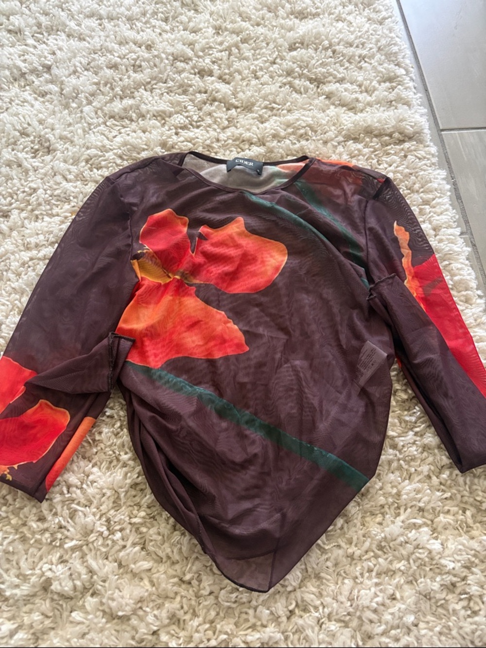 Chaser Brown Sheer Long-Sleeve Top with Red-Orange Floral Print